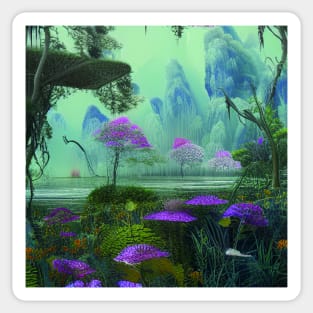 Beautiful Fantasy Landscape with Purple Plants and Lake Sticker
